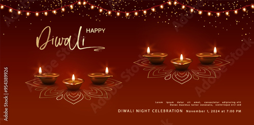 Traditional Diwali Festival banner. Deya lamps, garland of light bulbs and decorations on a dark background
