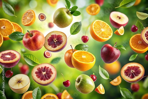 slices of some fresh and delicious flying oranges on a tropical background photo