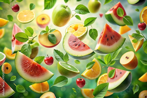 slices of some fresh and delicious flying oranges on a tropical background photo