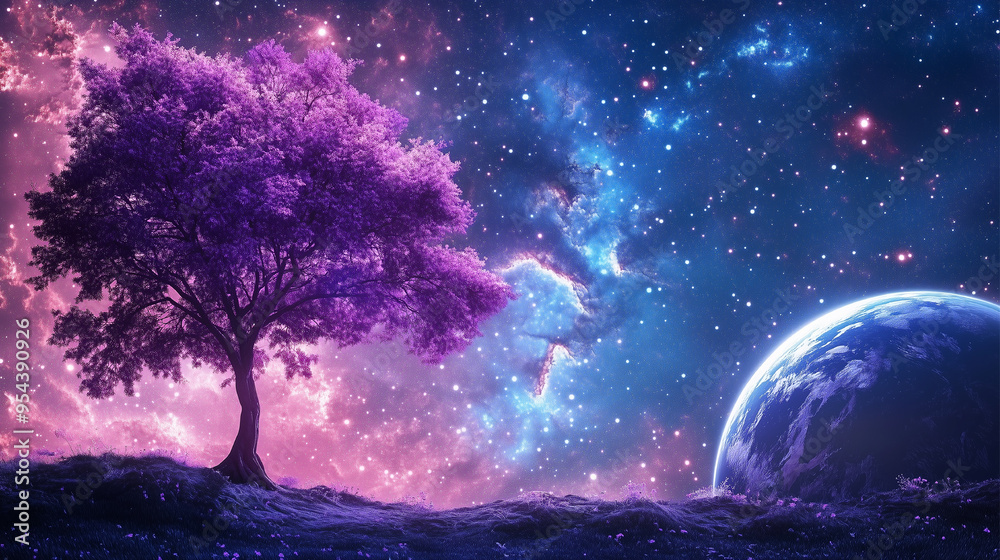 A purple tree is in the foreground of a beautiful, starry sky. The sky is filled with stars and a planet is visible in the background. Concept of wonder and awe at the vastness of the universe A purple tree is in the foreground of a beautiful, starry sky. The sky is filled with stars and a planet is visible in the background. Concept of wonder and awe at the vastness of the universe