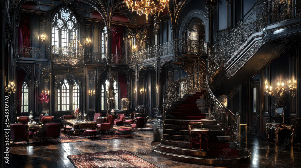 Design a photorealistic interior of a Victorian Gothic mansion temple with black, maroon, Design a photorealistic interior of a Victorian Gothic mansion temple with black, maroon,