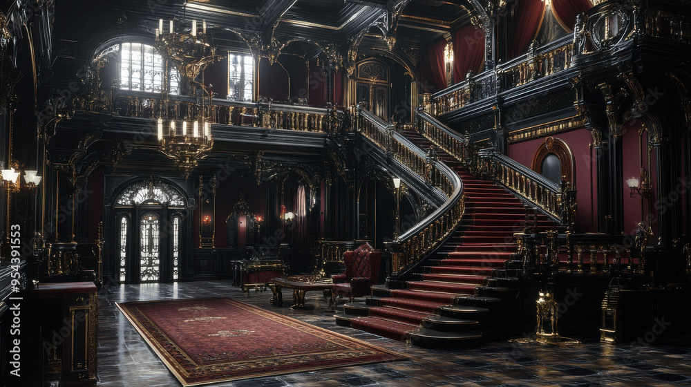 Design a photorealistic multilevel interior of a Victorian Gothic mansion temple in a large Design a photorealistic multilevel interior of a Victorian Gothic mansion temple in a large