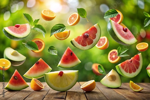 slices of some fresh and delicious flying oranges on a tropical background photo