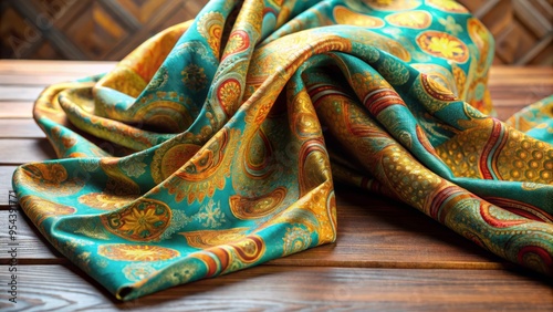 Vibrant woven fabric with intricate patterns and swirling shapes in shades of turquoise, yellow, and orange, draped photo