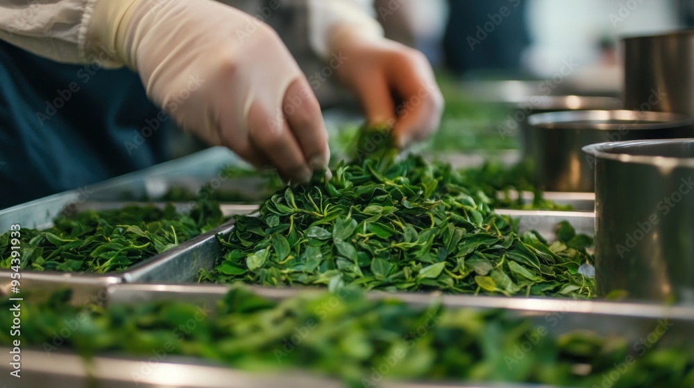 Green Leaves Sorting Process in a Food Production Facility Green Leaves Sorting Process in a Food Production Facility