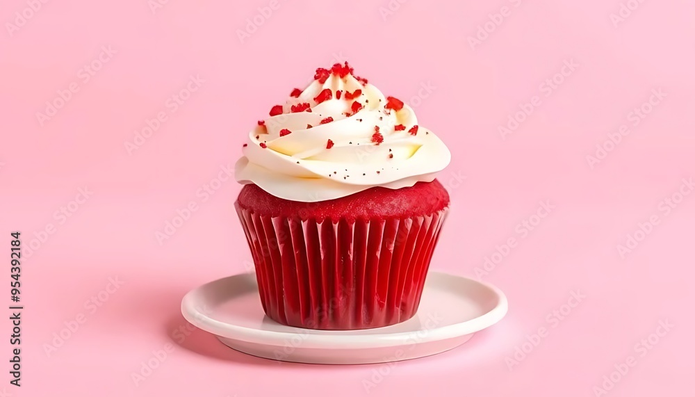 Red Velvet Cupcake with White Frosting and Sprinkles on Pink Background Red Velvet Cupcake with White Frosting and Sprinkles on Pink Background