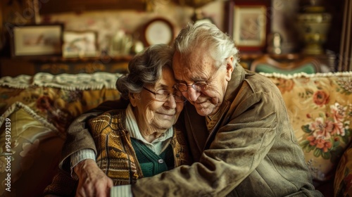 An elderly couple sits on a couch, the man has his arm around the woman as they look lovingly at each other.