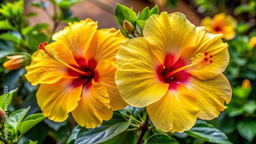 Vibrant yellow hibiscus tiliaceus flowers with prominent stamens and slightly ruffled petals bloom against a blurred photo