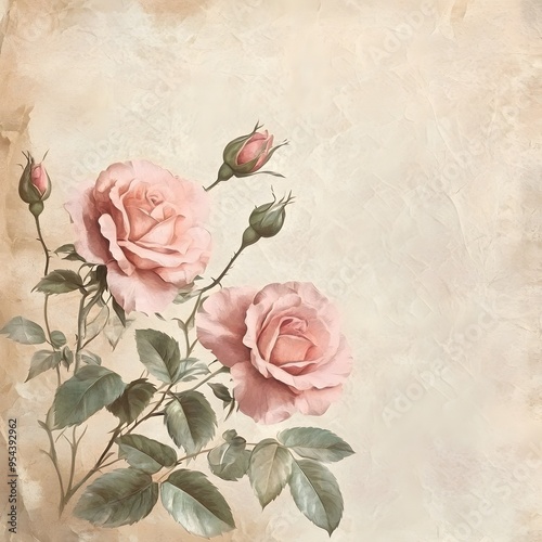 Pink Roses and Buds on a Beige Textured Background