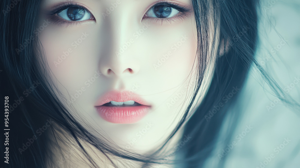 Elegant Asian woman with long black hair, big captivating eyes, and soft pink lips, her face Elegant Asian woman with long black hair, big captivating eyes, and soft pink lips, her face