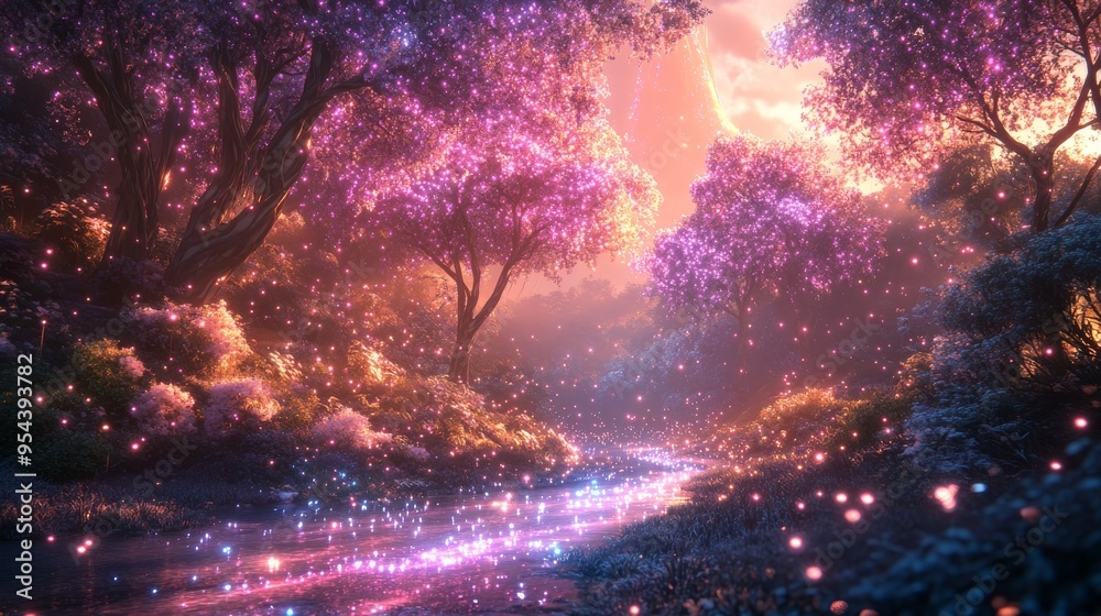 Naklejka premium Enchanted Forest Stream with Glowing Lights