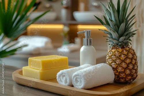 White Plastic Pump Bottle with yellow bar soaps on a wooden tray , pineapple placed next to it in spa room , Generative AI photo