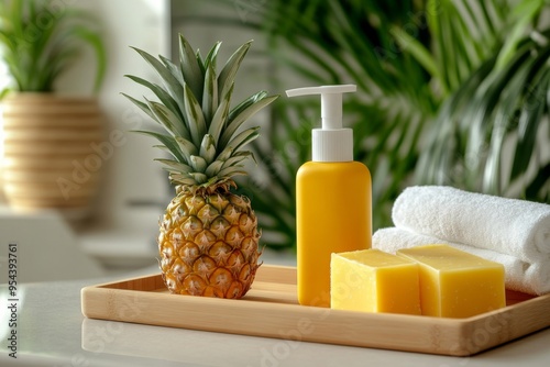 White Plastic Pump Bottle with yellow bar soaps on a wooden tray , pineapple placed next to it in spa room , Generative AI photo