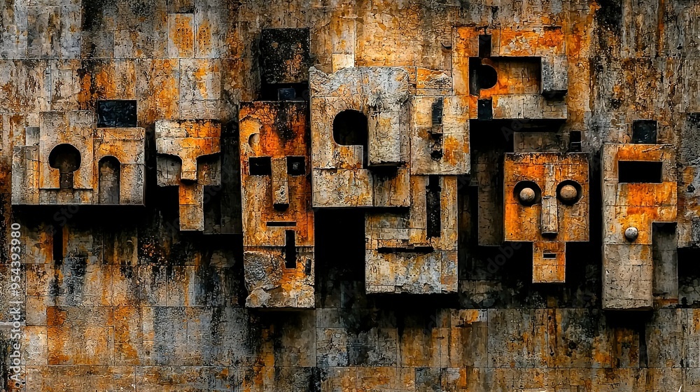 A weathered steel wall punctuated by numerous holes in the center and smaller ones scattered throughout the surface A weathered steel wall punctuated by numerous holes in the center and smaller ones scattered throughout the surface