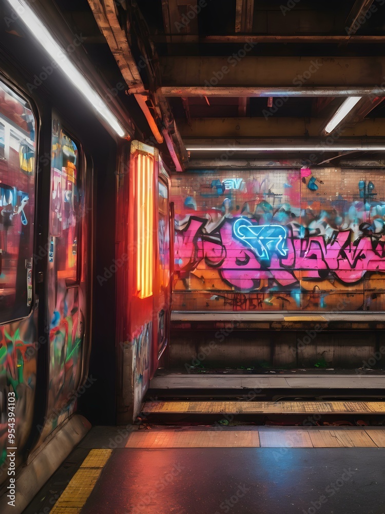 Subway station background with graffiti and neon lights Subway station background with graffiti and neon lights