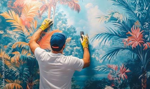 A Man Installing a Tropical Mural Wallpaper photo