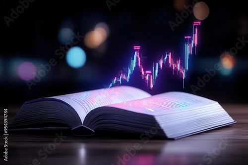 An open book with a glowing financial graph, symbolizing knowledge and growth in finance and investment strategies.
