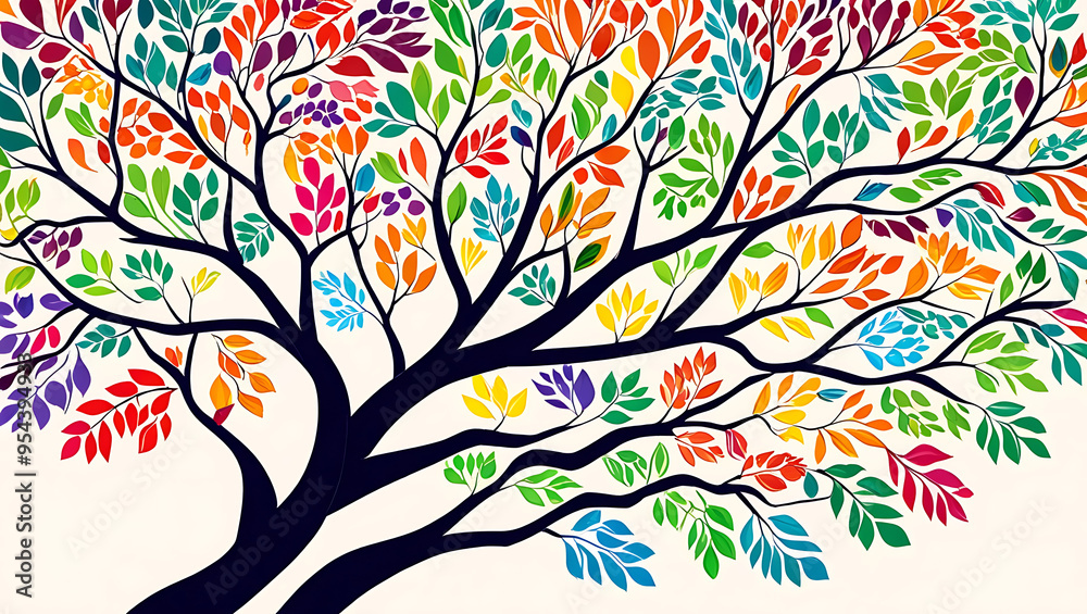 Abstract illustration of a tree with branches and leaves of different colors, representing diversity and growth with copy space. Abstract illustration of a tree with branches and leaves of different colors, representing diversity and growth with copy space.