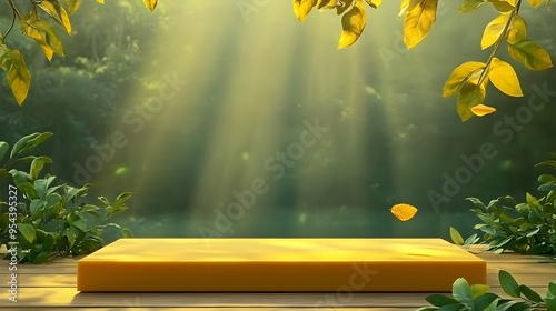 Golden Podium in Enchanted Autumn Forest, Sunlit and Serene