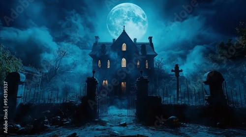 Happy Halloween celebrate theme on night scene background with graveyard and haunted house.