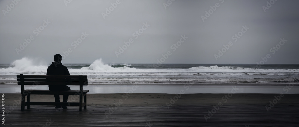 A silhouette of a person sitting on a wooden bench by the ocean, The overcast sky and empty beach emphasize the feeling of solitude and peaceful contemplation. A silhouette of a person sitting on a wooden bench by the ocean, The overcast sky and empty beach emphasize the feeling of solitude and peaceful contemplation.