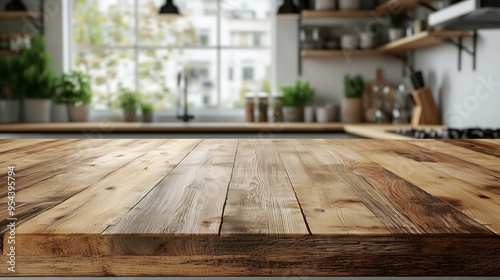 Sunlit wooden kitchen counter in a bright, modern kitchen setting with potted plants and natural decor, perfect for cozy cooking spaces.