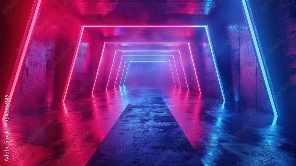 A futuristic corridor illuminated by pink and blue neon lights, creating a vibrant atmosphere. A futuristic corridor illuminated by pink and blue neon lights, creating a vibrant atmosphere.