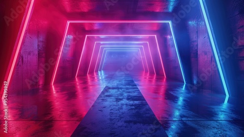 A futuristic corridor illuminated by pink and blue neon lights, creating a vibrant atmosphere.