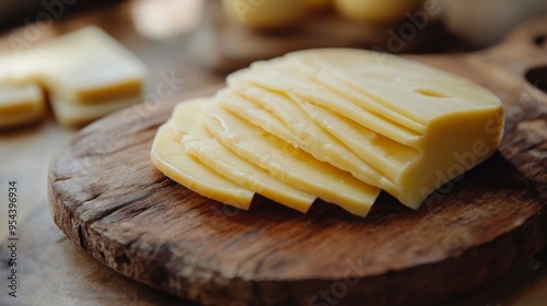 Sliced cheese on board photo