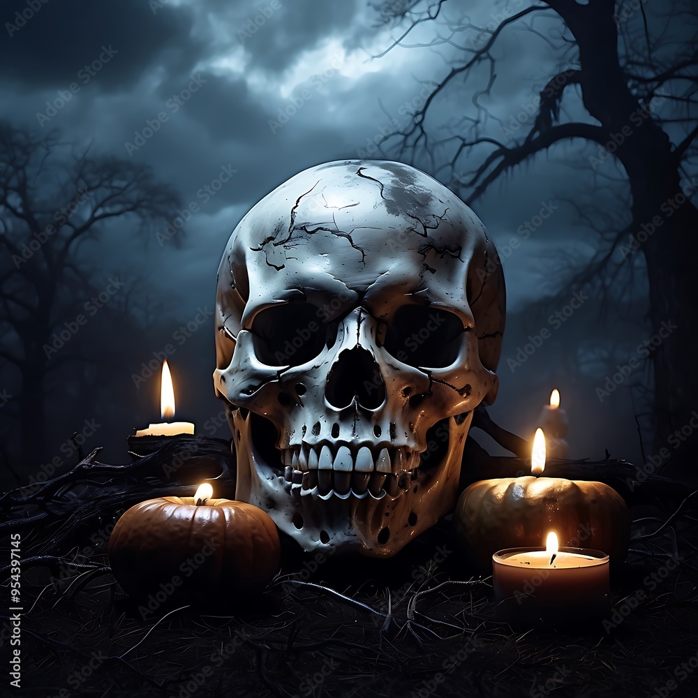 Pumpkin, Poison Bottle, Dead Insects, Candles and Human Skull For Halloween Pumpkin, Poison Bottle, Dead Insects, Candles and Human Skull For Halloween