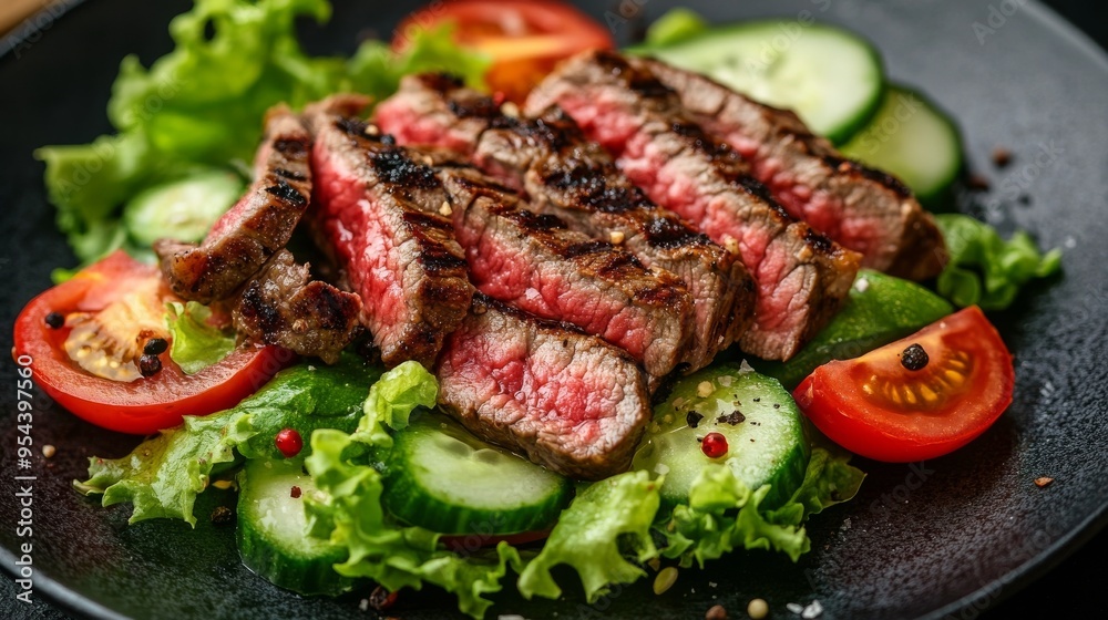 Steak, tomato, cucumber, lettuce salad Steak, tomato, cucumber, lettuce salad