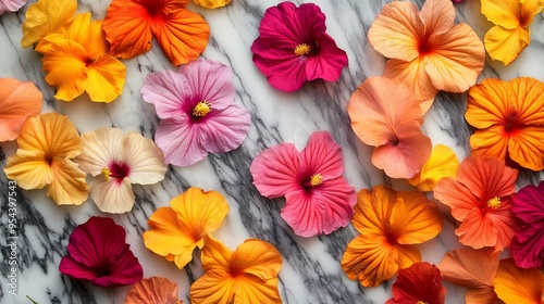 Colorful Hibiscus Flowers Arranged on White Marble