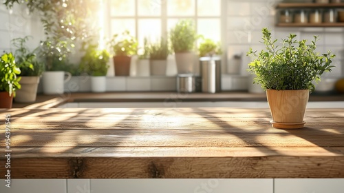 Sunlit wooden kitchen counter with potted herbs and modern kitchen decor, ideal for a cozy and inviting culinary space.