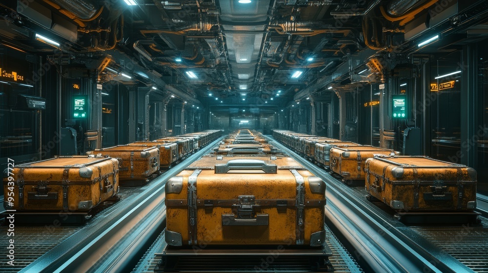 Juxtaposition of futuristic aluminum cases and weathered old suitcases on a conveyor belt in a high-tech airport setting, a clash of time periods
