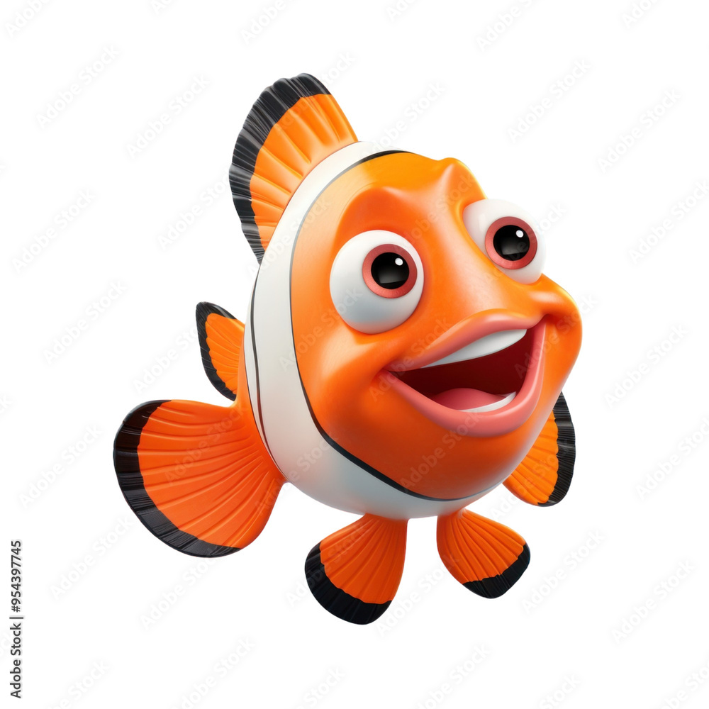 A 3D cartoon rendering of an orange and white clownfish with a big smile and large eyes. A 3D cartoon rendering of an orange and white clownfish with a big smile and large eyes.