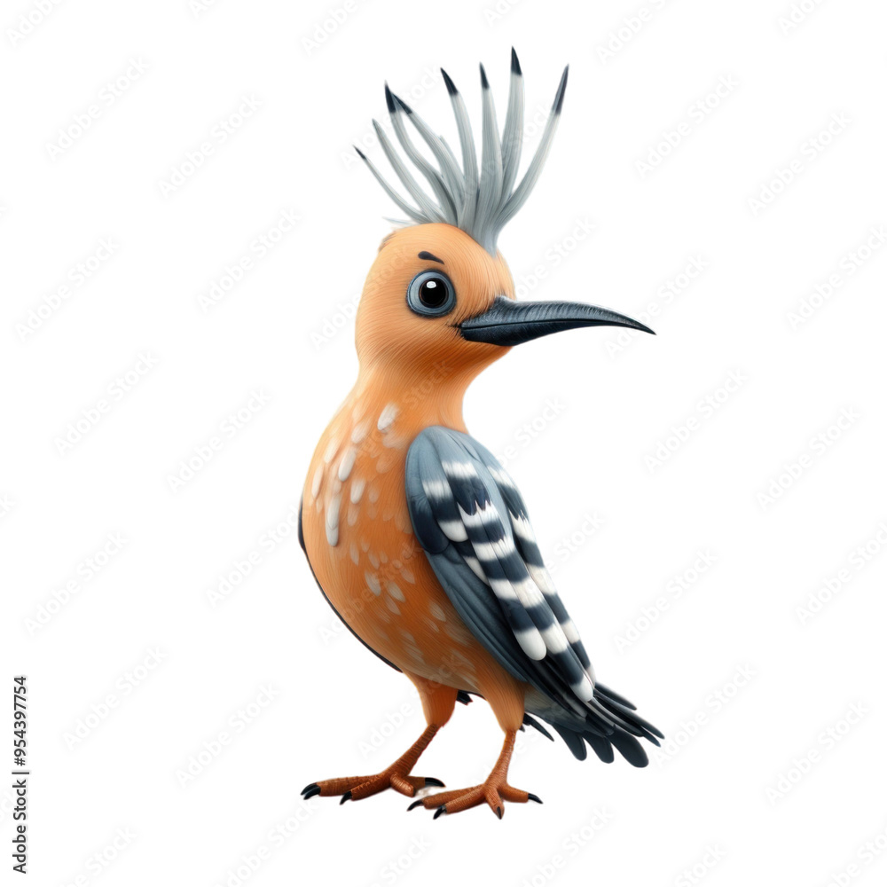 A 3D illustration of a hoopoe bird with a long beak, a crested head, and a brown and black striped body. A 3D illustration of a hoopoe bird with a long beak, a crested head, and a brown and black striped body.