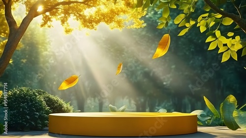 Golden Podium in Enchanted Autumn Forest, Sunlit and Serene