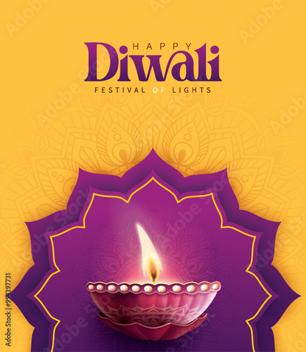 Happy Diwali festival with oil lamp, Rangoli decoration with Diya, Diwali holiday Background with rangoli, Diwali celebration greeting card,vector.