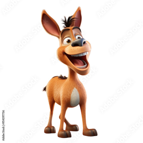 A 3D rendered cartoon brown dog with big ears, open mouth and a happy expression.