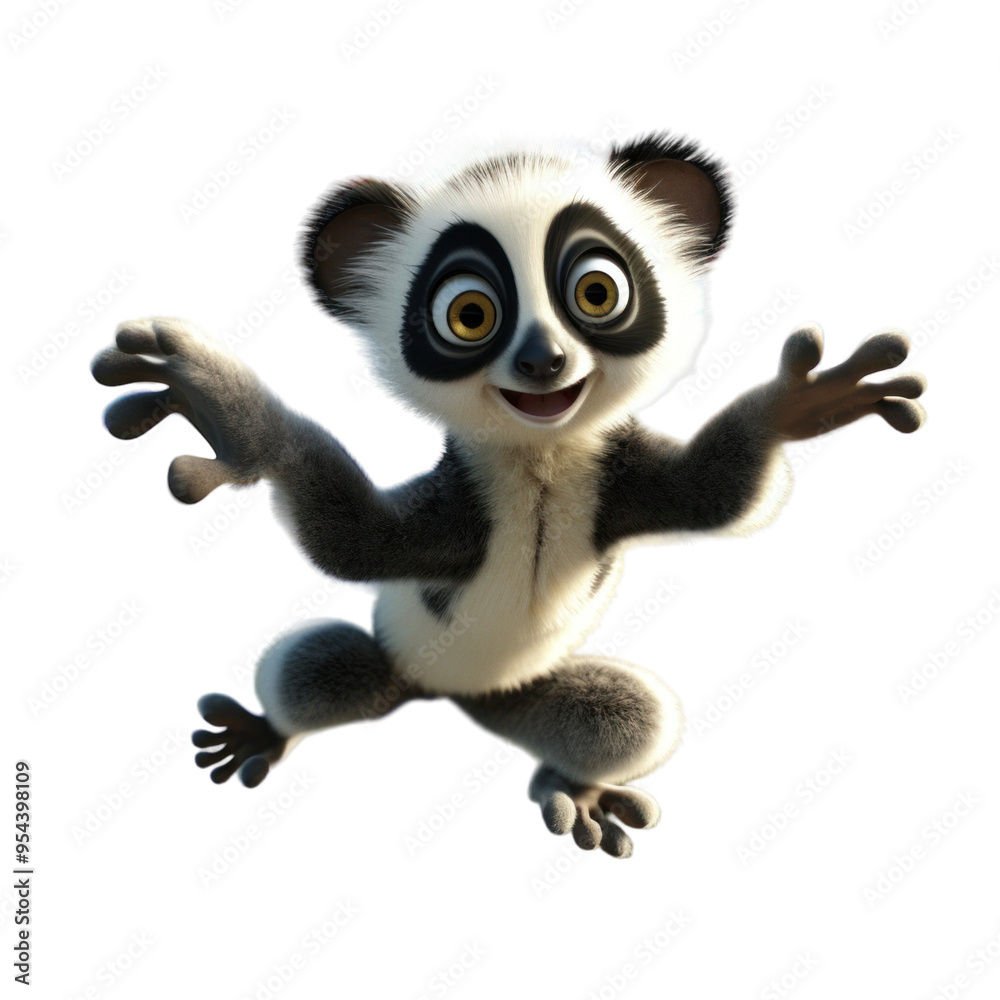 Obraz premium A cartoon baby lemur with big eyes and a wide smile jumps excitedly with its arms outstretched.