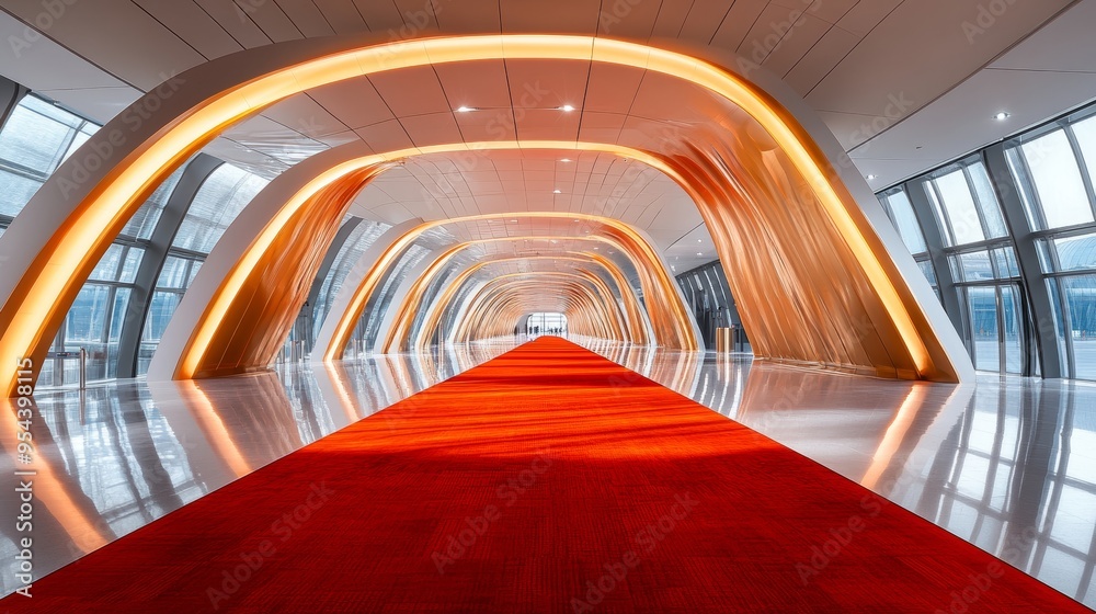Fototapeta premium Luxurious baggage claim area with red carpets, golden accents, futuristic architecture, and soft ambient lighting, captured in high-definition photography with a wide-angle lens, modern luxury