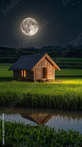 A beaytifull wooden hut in the crops in moont night and window warm lights reflaction out side the hut,  photo