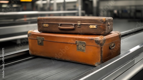 Old leather suitcase beside a sleek metallic suitcase on a modern airport conveyor belt, high contrast lighting, futuristic vibes, retro-futurism, digital photography