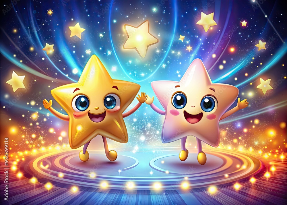 Fototapeta premium Whimsical cartoon mascots with glowing skin tones and radiant auras pose together, surrounded by swirling lights and stars, exuding joy and innocence.