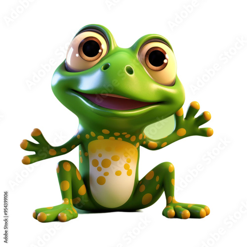 A cartoon green frog with yellow spots and big eyes smiles cheerfully with its arms outstretched.