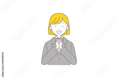 笑顔で手を合わせて喜ぶブレザーを着た女子学生のイラスト
