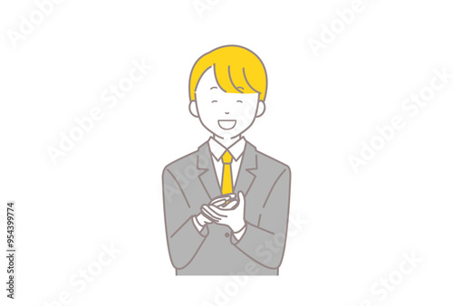 笑顔で拍手をするブレザーを着た男子学生のイラスト

