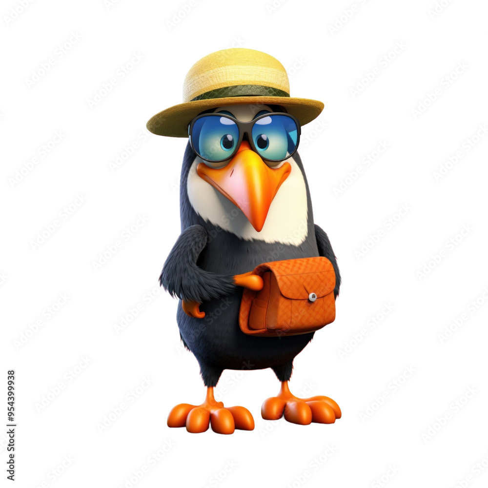 Obraz premium A cartoon penguin wearing a straw hat, sunglasses, and carrying a small purse.