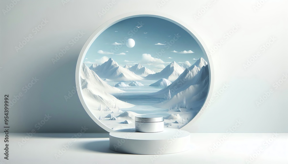 3d visualization of a product placed within a minimalist arctic landscape circular view 3d visualization of a product placed within a minimalist arctic landscape circular view