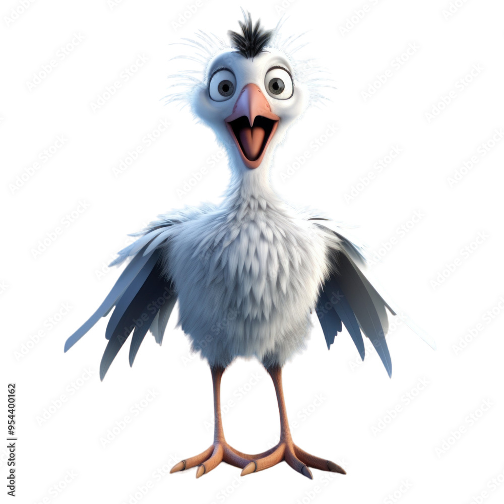 A cartoon seagull with a white and grey fluffy body, short orange legs, and a wide-open beak with a joyful expression. A cartoon seagull with a white and grey fluffy body, short orange legs, and a wide-open beak with a joyful expression.